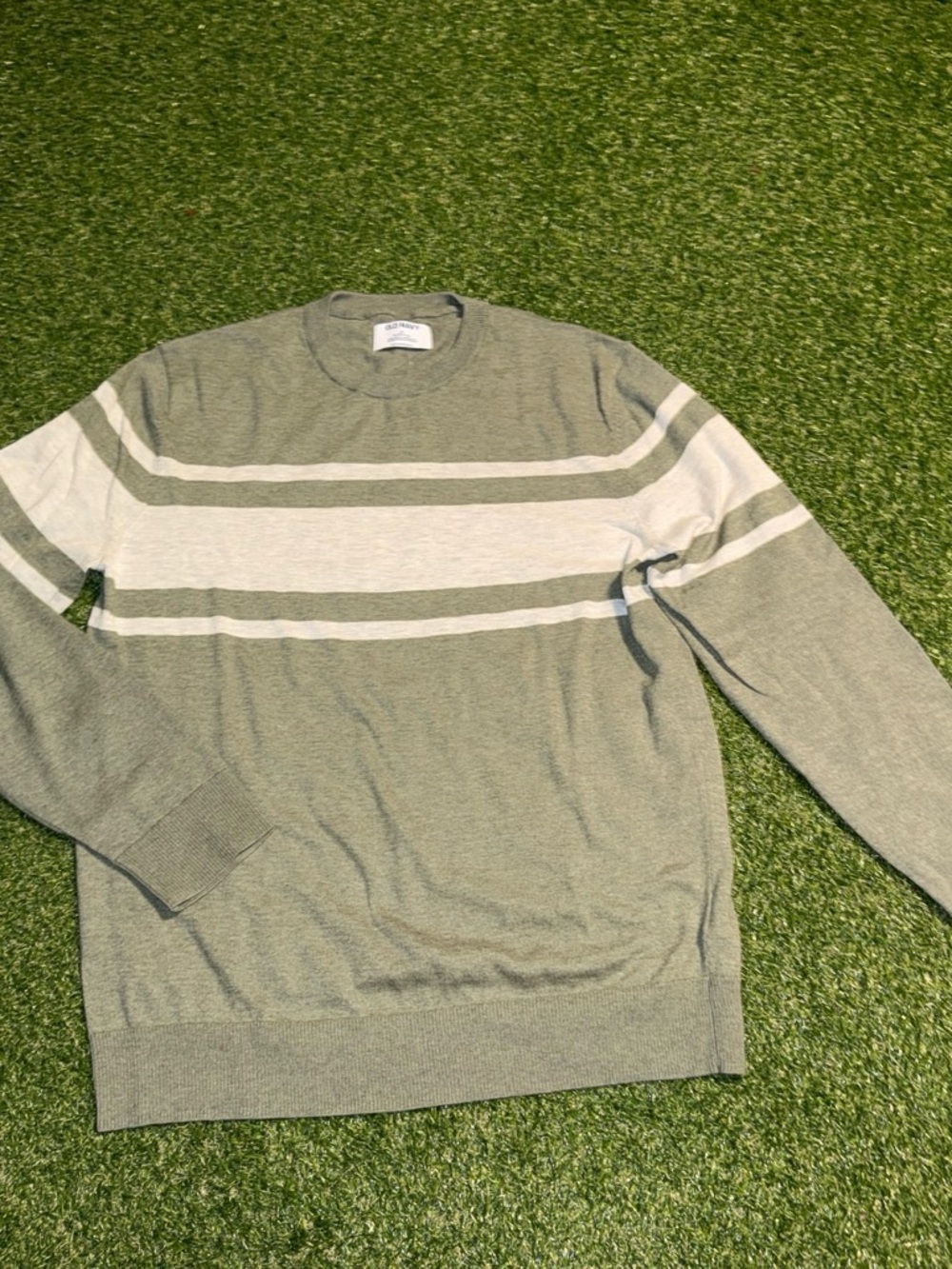 Old Navy Olive & Cream Striped Crewneck Sweater